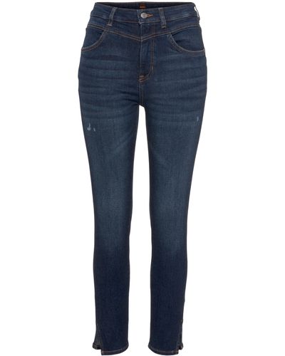 BOSS 5-Pocket- Kitt Rise Hochbund High Waist Premium Denim Jeans mit offenen Beinabschluss - Blau