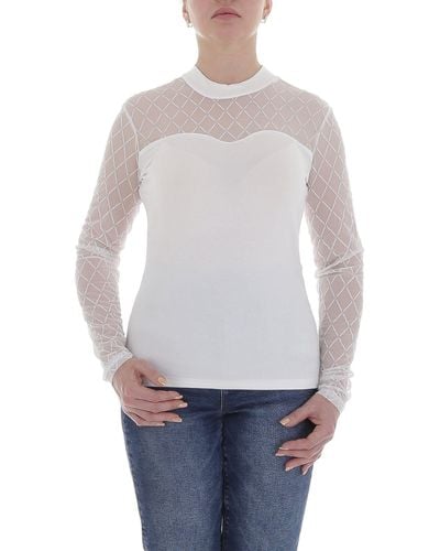 Ital-Design Langarmbluse Elegant Glitzer Transparent Top & Shirt in Weiß - Grau