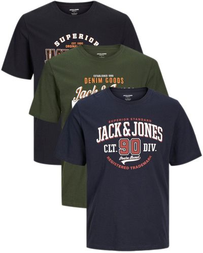 Jack & Jones Print-Shirt (Spar Set, 3er-Pack) Shirts mit Printaufdruck aus Baumwolle - Schwarz