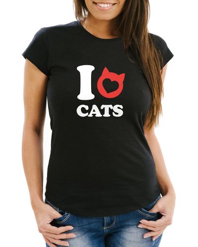 MoonWorks T- Spruch I love cats Katze Herz Grafik Motiv Frauen Fun-Shirt lustig ® mit Print - Schwarz