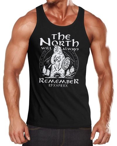 Neverless Tanktop Tank-Top Bär Wiking Adventure Runen the North Natur Muskelshirt Muscle Shirt ® mit Print - Schwarz