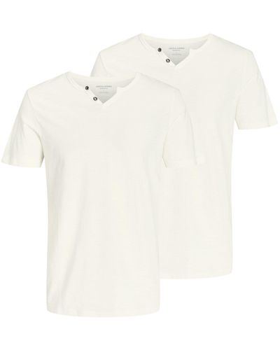Jack & Jones T-Shirt 2er Pack Shirts mit Splitneck-Ausschnitt und zwei Deko-Knöpfen - Weiß