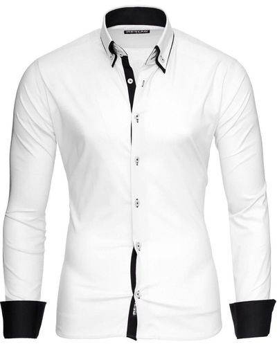 Reslad Langarmhemd Langarm Hemd Alabama RS-7050 Doppelkragen Kontrast Männer Hemden - Weiß