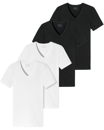Schiesser T-Shirt (4-tlg) V-Ausschnitt, kurzarm, im 4er Pack - Schwarz