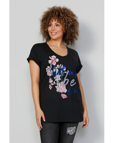 MIAMODA Rundhalsshirt T-Shirt oversized Blumendruck V-Ausschnitt - Schwarz