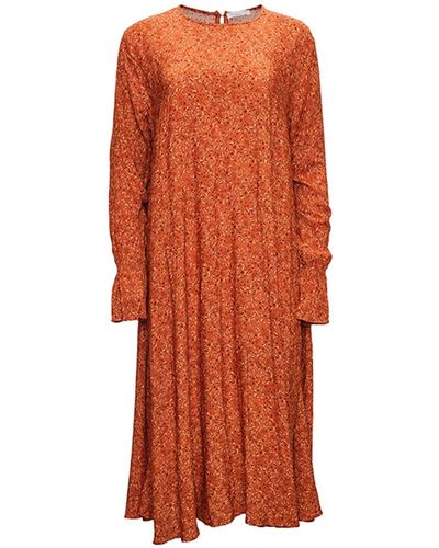 Knowledge Cotton Midikleid HEATHER A-Shape Pleated Flower Print Dress - Orange