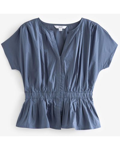 Next Blusenshirt Kurzärmlige Bluse mit Elastiktaille V-Ausschnitt (1-tlg) - Blau