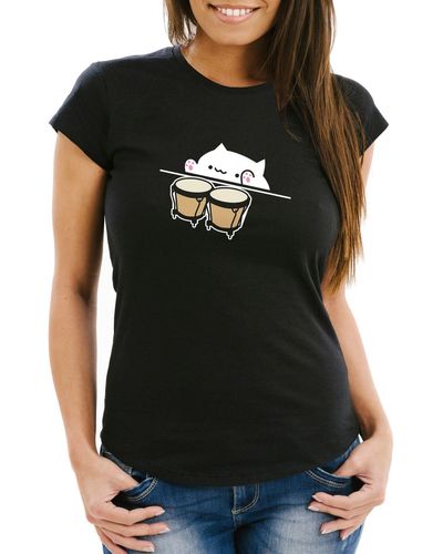 MoonWorks Bongo Cat T-Shirt Meme Slim Fit ® mit Print - Schwarz