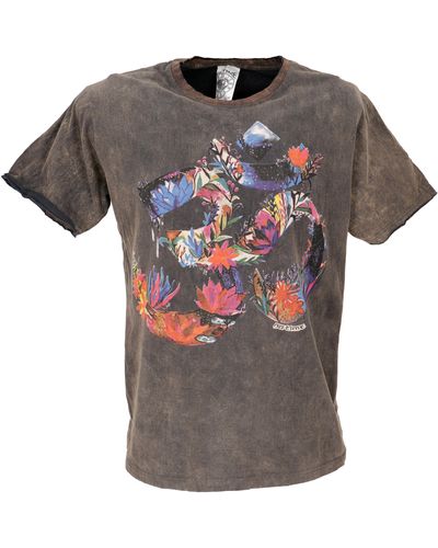 Guru-Shop No time T-Shirt - Flower Power OM braun Goa Style, Festival, alternative Bekleidung - Grau