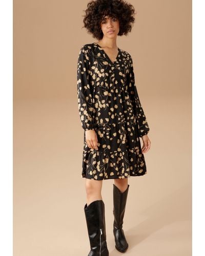 Aniston CASUAL Blusenkleid mit graphischem Blumendruck - Schwarz