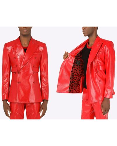 Dolce & Gabbana & Double-Breasted Faux Leather Blazer Sakko Jacket Jacke - Rot
