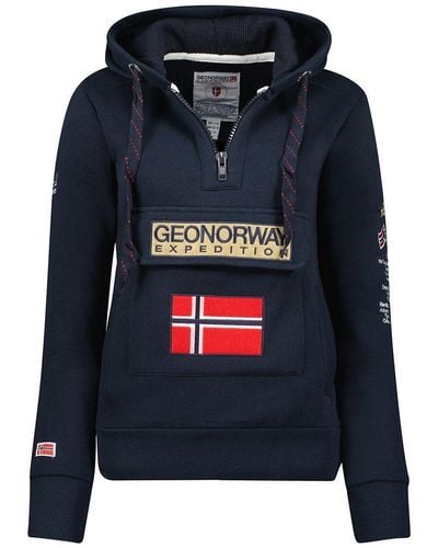 Geo Norway Kapuzenpullover Half Zip Hoodie bagymclass (1-tlg) mit Norwegen Fahne als Emblem - Blau