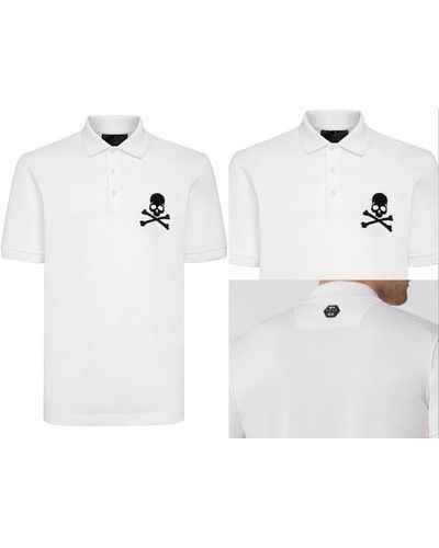 Philipp Plein Poloshirt Skull Polo Shirt Polohemd Leather PP Hexagon Logo Hemd T - Weiß