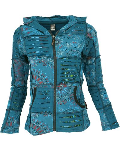 Guru-Shop Langjacke Goa Patchwork Jacke, Boho Kapuzenjacke, Ethno.. alternative Bekleidung - Blau