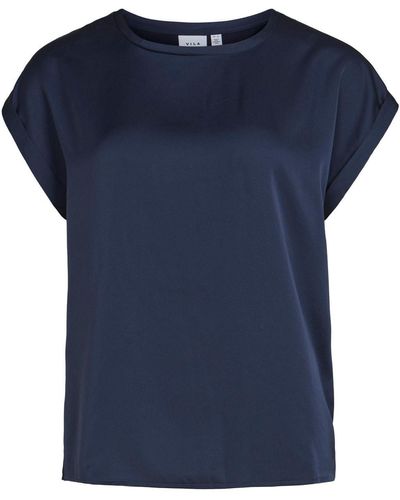 Vila Satin Blusen T-Shirt Kurzarm Basic Top Glänzend VIELLETTE 4599 in Navy - Blau