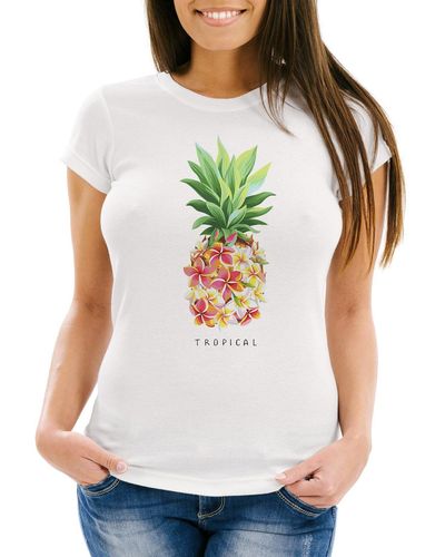 Neverless T-Shirt Ananas Blumen Pineapple Flowers Tropical Summer Paradise Slim Fit tailliert Baumwolle ® mit Print - Weiß
