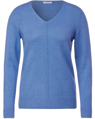 Cecil Strickpullover TOS_Cosy Mix Rounded V-Neck - Blau