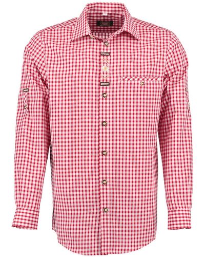 OS-Trachten Trachtenhemd Smoba Langarmhemd mit Paspeltasche, Edelweiß-Stickerei auf der Knopfleiste - Pink