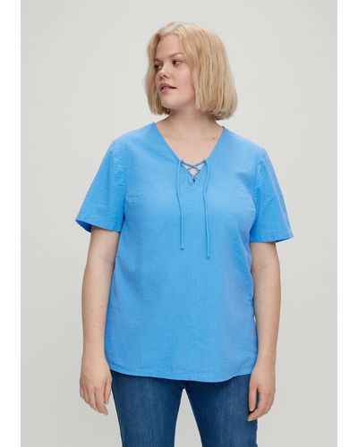 TRIANGL Kurzarmbluse Bluse aus Seersucker Stickerei - Blau