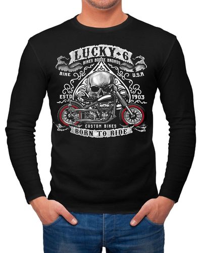 Neverless Longsleeve Biker Lucky 6 Totenkopf Pik Motorrad Shopper USA Live to Ride Langarmshirt ® mit Print - Schwarz