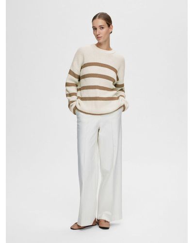 SELECTED Strickpullover Gestreifter Pullover Oversize Design Grobstrick Sweater 6675 in Braun - Weiß
