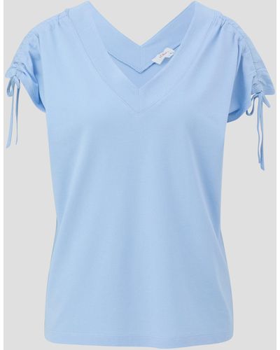 S.oliver Kurzarmshirt Ärmelloses Shirt mit Bindedetails an der Schulterpartie Schleife, Raffung - Blau