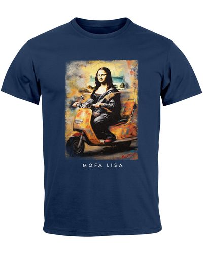 MoonWorks T-Shirt Aufdruck Mona Lisa Parodie Meme Kapuzen-Pullover mit Print - Blau