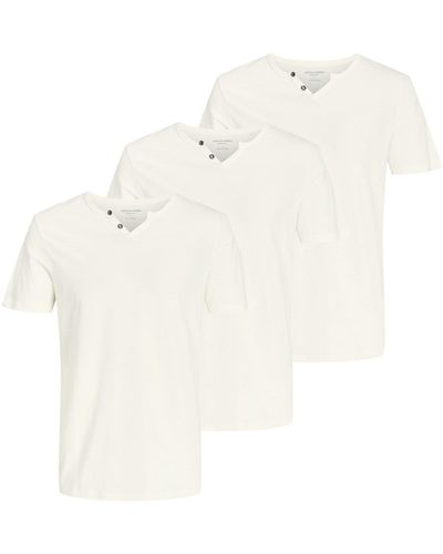 Jack & Jones T-Shirt 3er Pack Shirts mit Splitneck-Ausschnitt und zwei Deko-Knöpfen - Weiß
