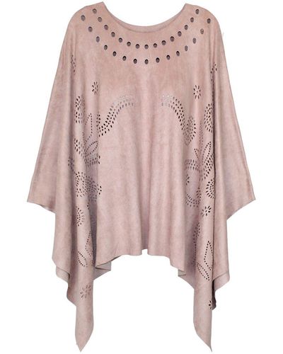 dy_mode Poncho in Kunstleder Kunstwildleder-Optik Umhang Überwurf Cape Mit Lasercut Blumen Muster - Pink