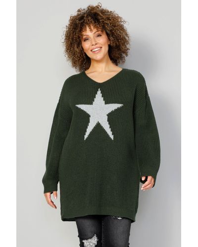 MIAMODA Strickpullover Long-Pullover großer Stern V-Ausschnitt Langarm - Grün