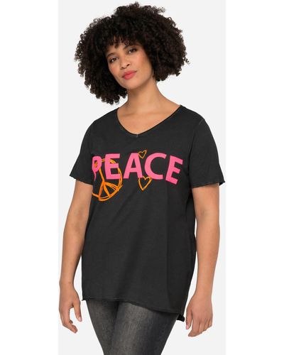 Angel of Style Rundhalsshirt T-Shirt PEACE Druck Rundhals Halbarm - Schwarz