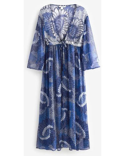 Next Strandkleid Kimono-Maxikleid mit Bindegürtel – Petite (1-tlg) - Blau