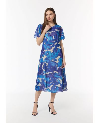 Comma, Maxikleid Midi-Kleid aus Webware Raffung - Blau
