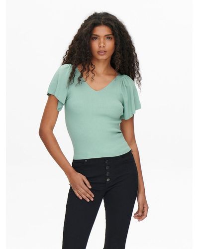 ONLY Geripptes T-Shirt Kurzarm V-Neck Top mit weiten Ärmeln ONLLEELO 4897 in Mint - Grün