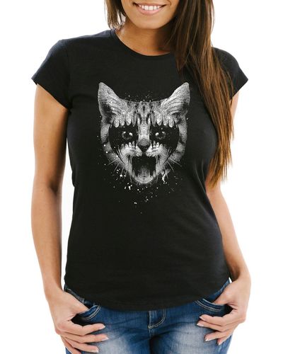 MoonWorks T-Shirt Black Metal Katzenmotiv Rock Heavy Pussy Cat Slim Fit ® mit Print - Schwarz