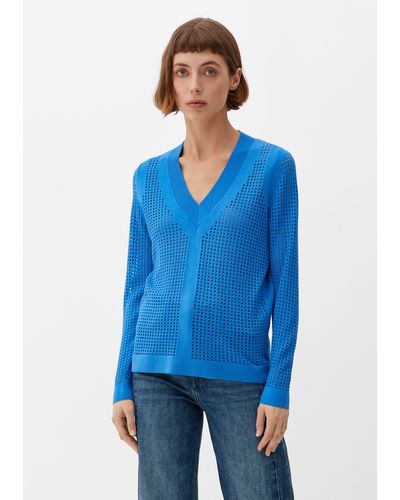 S.oliver Strickpullover Pullover mit Lochmuster Rippblende - Blau