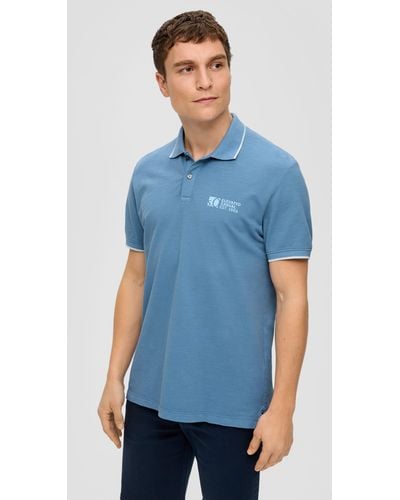 S.oliver Kurzarmshirt Poloshirt mit Logo-Print Streifen-Detail - Blau