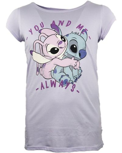 Disney Pyjamaoberteil Stitch Angel kurzarm Schlafshirt Nachthemd S-XL 100% Baumwolle - Lila