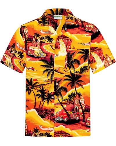 Hawaiihemdshop.de .de Hawaiihemd Hawaiihemdshop Hawaii Hemd Baumwolle Kurzarm Strand Shirt - Orange