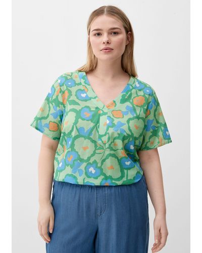 Triangle Kurzarmshirt T-Shirt mit floralem Muster Artwork, Kontrast-Details - Grün