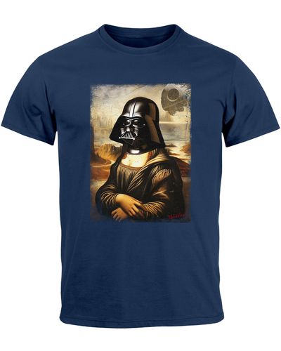 MoonWorks T-Shirt Aufdruck Mona Lisa Parodie Meme Kapuzen-Pullover mit Print - Blau