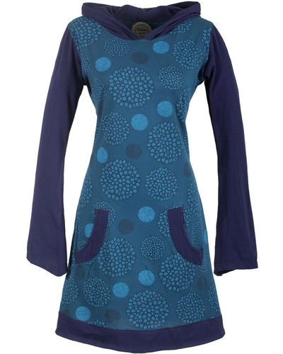 Vishes Jerseykleid Langarm Baumwollkleid mit Zipfelkapuze und Taschen Elfen, Goa, Boho, Hippie Style - Blau