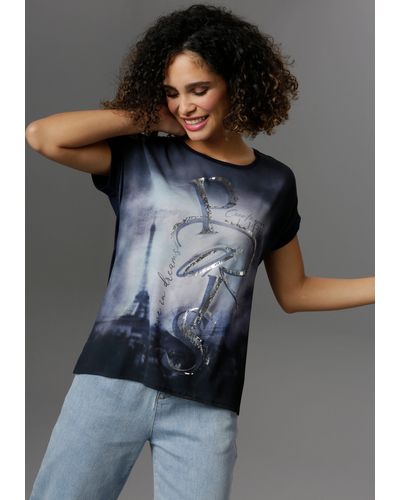 Aniston SELECTED Blusenshirt mit glänzendem Folienprint - Blau