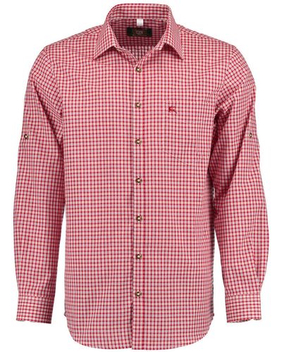 OS-Trachten Trachtenhemd Vakas Langarmhemd mit Krempelärmeln und Hirsch-Stickerei auf der Brusttasche - Pink