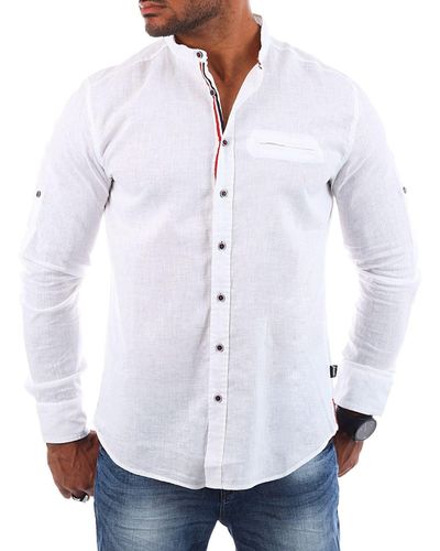 Carisma Langarmhemd Baumwoll Leinen Mix Hemd einfarbig körperbetont 8444 Regular Langarm Stehkragen Uni - Weiß