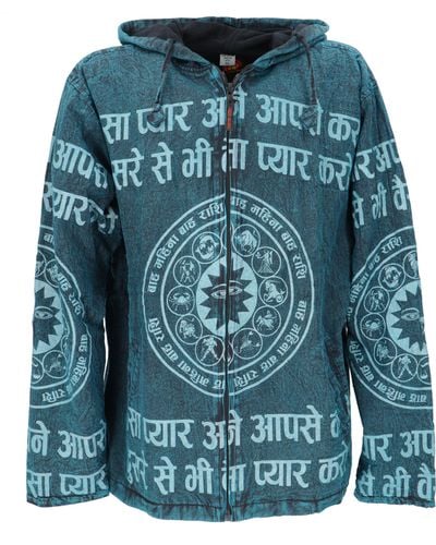 Guru-Shop Strickjacke Goa Jacke, Ethno Hoody mit Mantra Druck - Blau