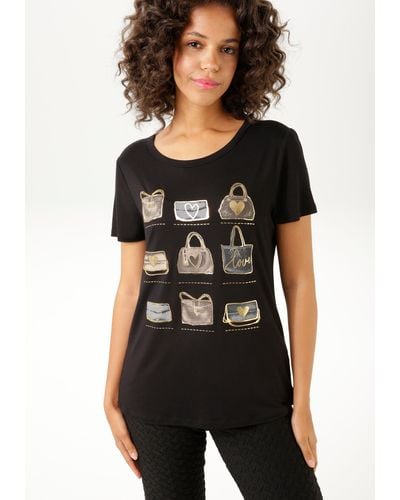 Aniston CASUAL T-Shirt Frontdruck, teilweise mit glitzerndem Folienprint - Schwarz