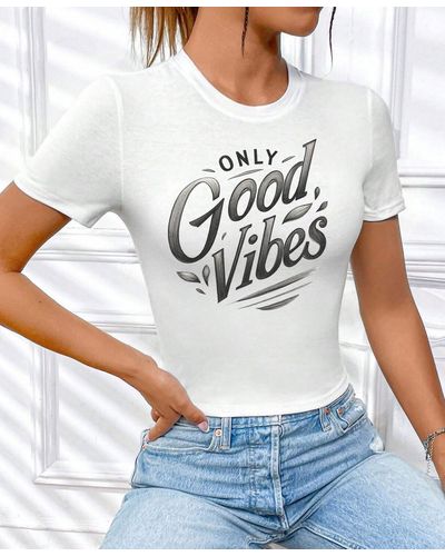 Rmk T- Shirt Bluse Top kurzarm Rundhals mit "Only Good Vibes" aus Baumwolle - Weiß