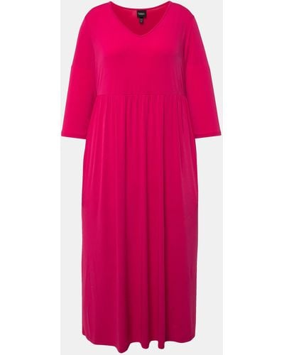 Ulla Popken Sommerkleid Jerseykleid A-Linie V-Ausschnitt 3/4-Arm Taschen - Pink