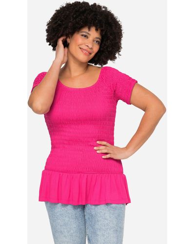 Angel of Style Rundhalsshirt Top Slim Fit elastisch gesmokt Halbarm Volant - Pink